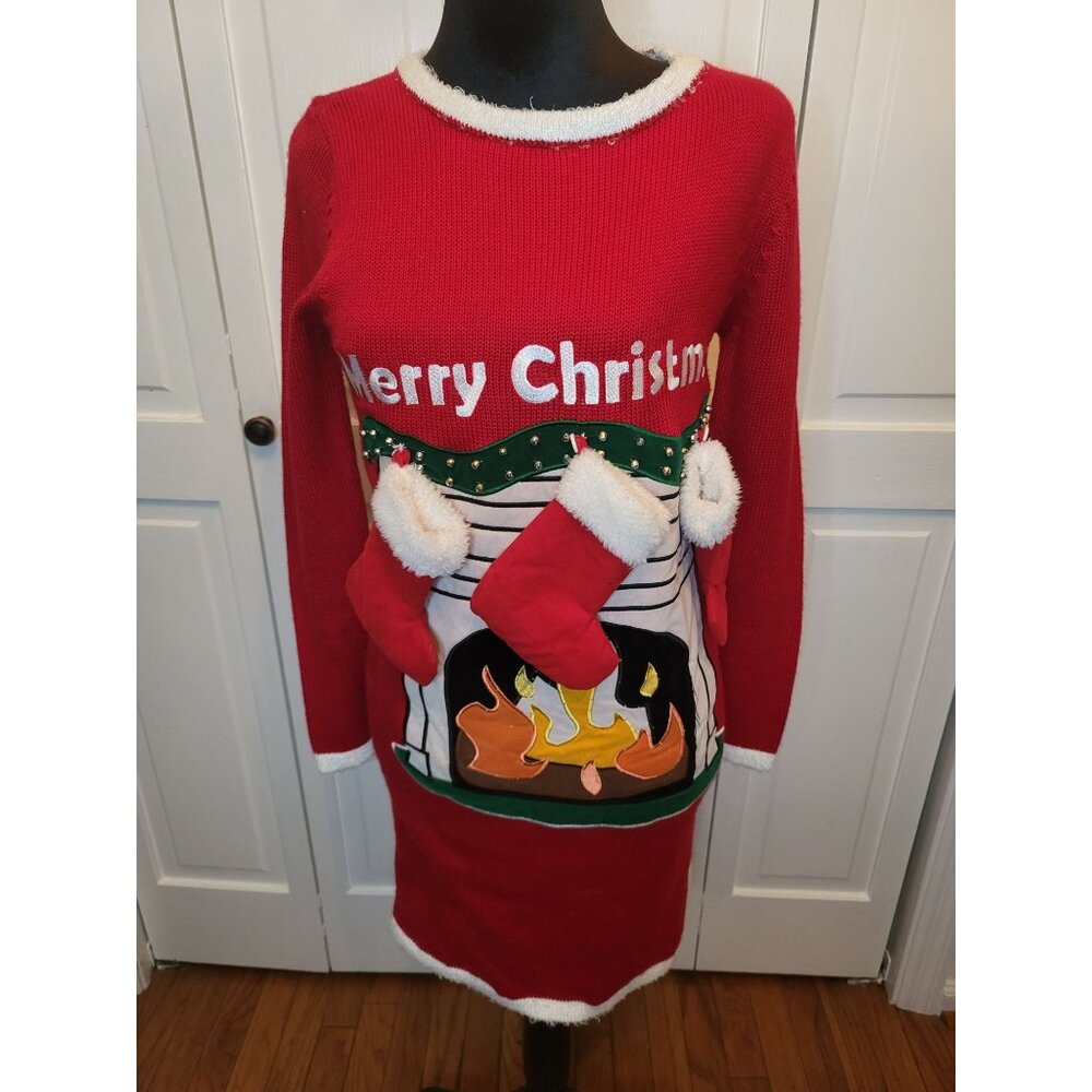 Red Merry Christmas Ugly Christmas Sweater Mini Dress Skedouche S Embroidered